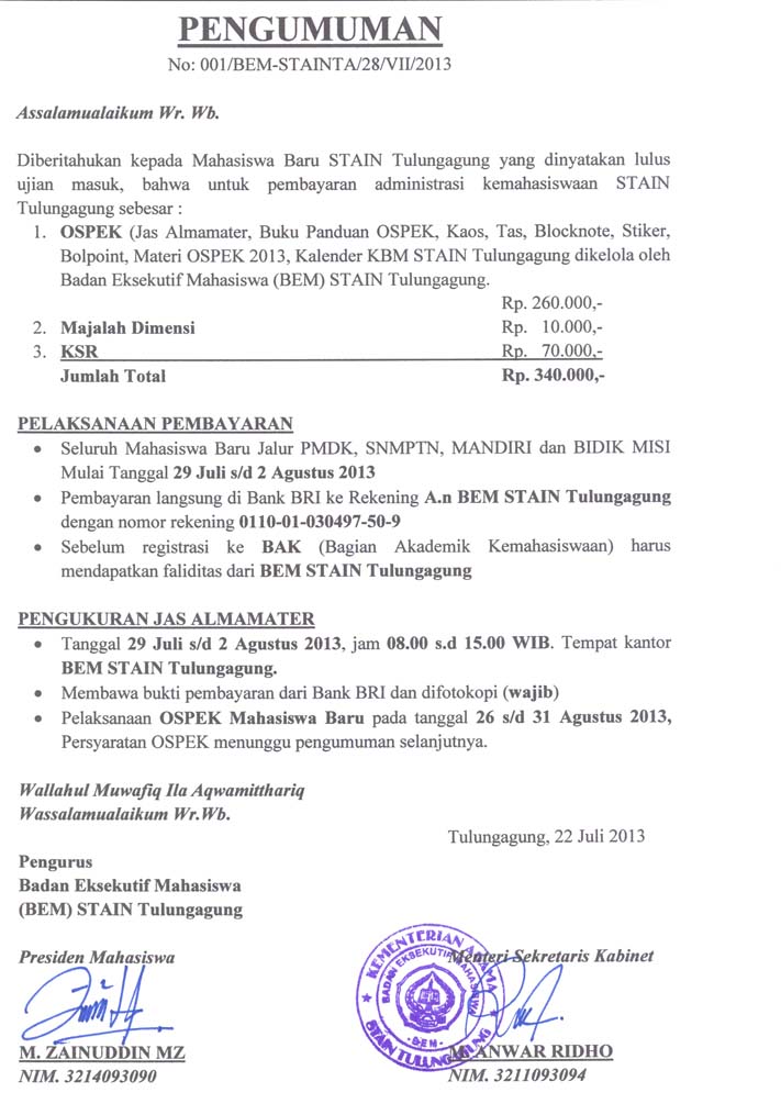 Ketentuan Pembayaran Administrasi Kemahasiswaan