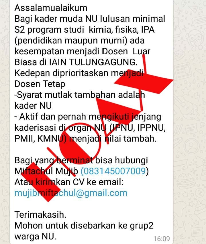 Waspada Berita Hoax Rekrutmen Dosen IAIN Tulungagung