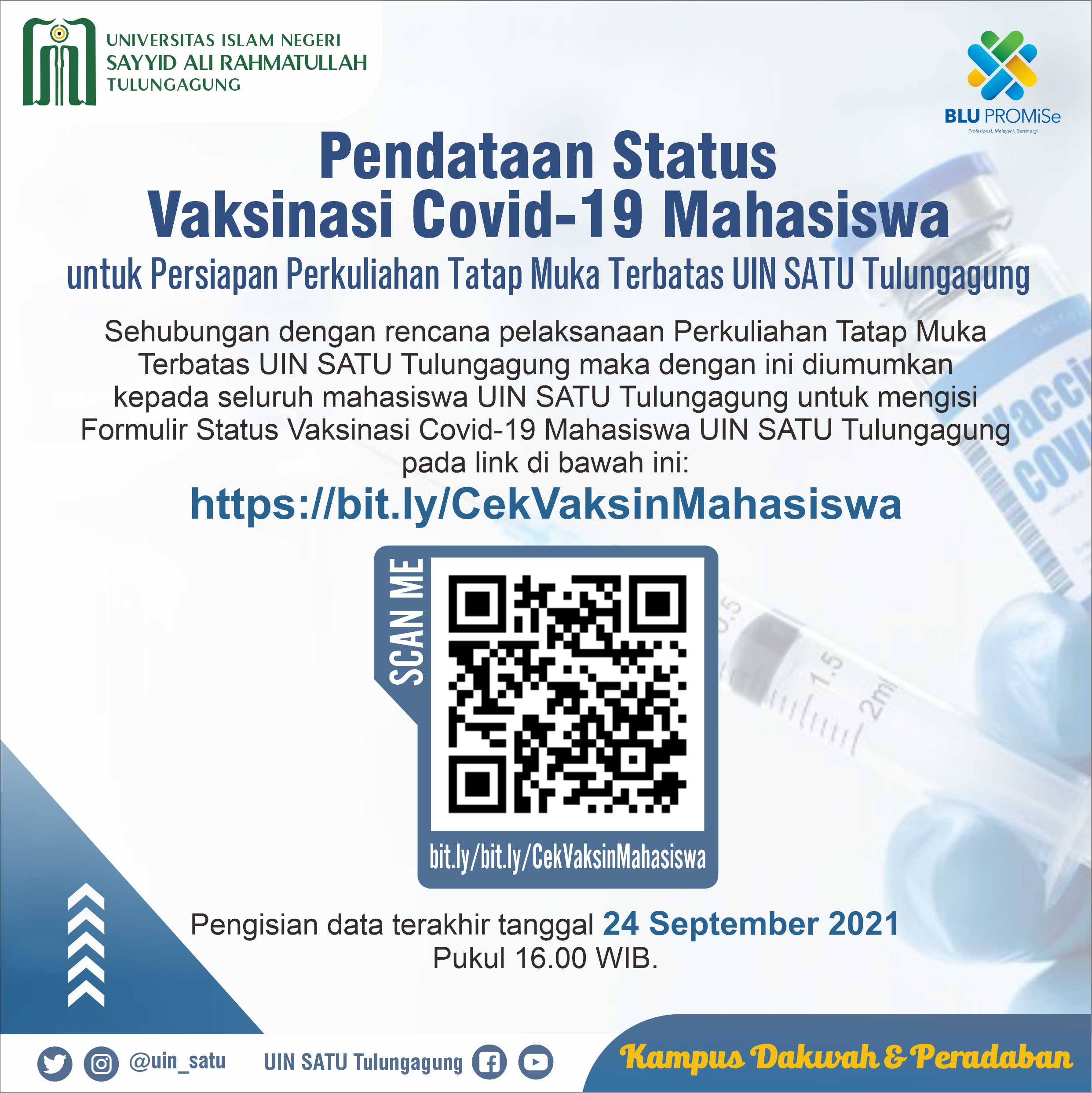 Pendataan Status Vaksinasi Covid-19 Mahasiswa untuk Persiapan Perkuliahan Tatap Muka Terbatas UIN SATU Tulungagung