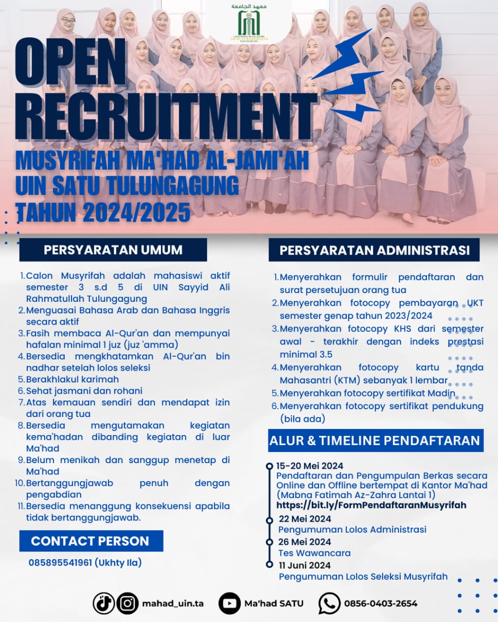 Open Recruitmen Musyrifah Ma’had Al-Jami’ah UIN SATU Tulungagung Tahun 2024/2025