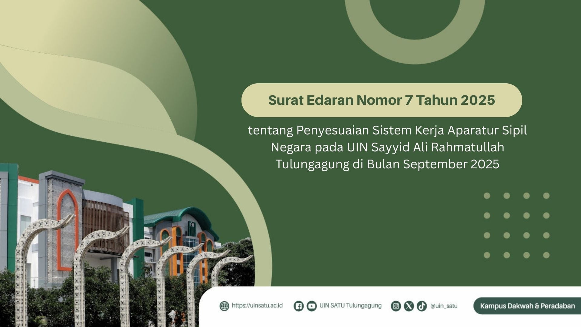 Surat Edaran Nomor 7 Tahun 2025 tentang Penyesuaian Sistem Kerja Aparatur Sipil Negara pada UIN Sayyid Ali Rahmatullah Tulungagung di Bulan September 2025