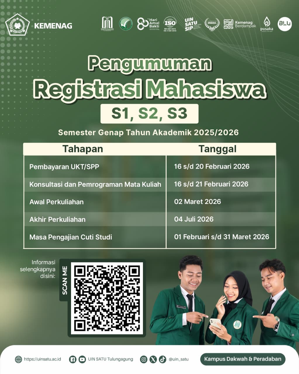 Pengumuman Registrasi Mahasiswa S1, S2, dan, S3 Semester Genap Tahun Akademik 2025/2026