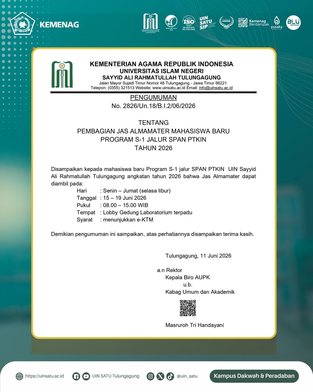 Pengumuman Pembagian Jas Almamater Mahasiswa Baru Program S-1 Jalur SPAN PTKIN Tahun 2026
